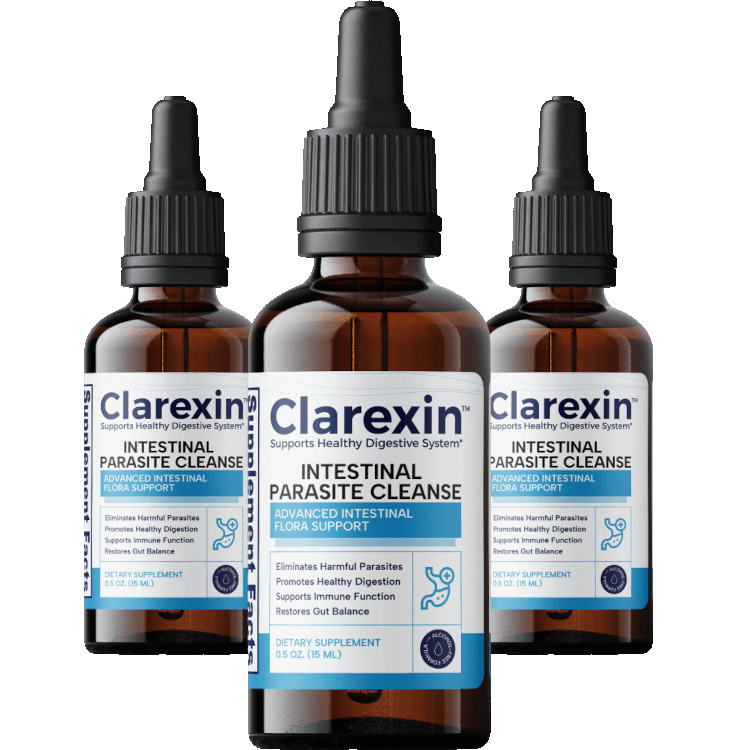 Three bottles of Clarexin Parasite Cleanse supplement